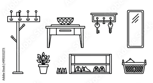 A variety of household items including a coat rack, a table, and a potted plant Vector