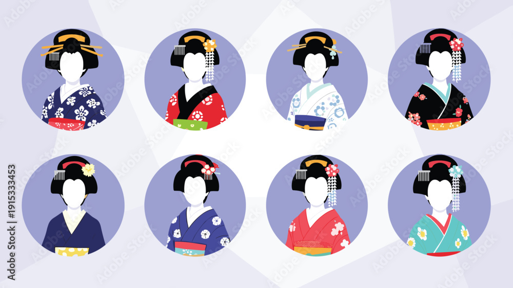 Fototapeta premium Elegant circular icons featuring silhouettes of geishas in colorful traditional Japanese kimonos with intricate floral patterns and hair ornaments.
