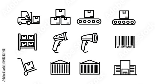 Icons representing various aspects of logistics and supply chain management Vector