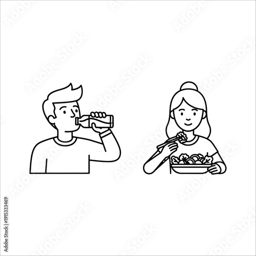 A man drinking and a woman eating