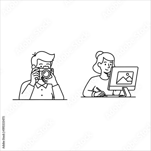 A man taking a photo and a woman editing it on her computer