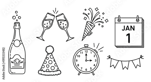 Celebrating the new year with champagne, party hats, and confetti Vector