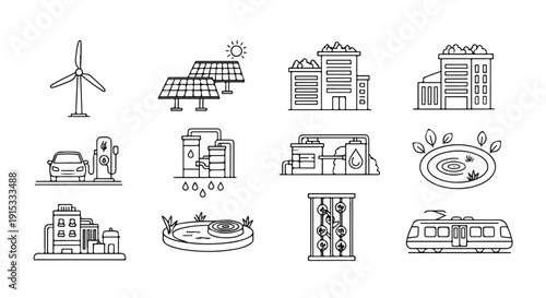 Illustrations of various renewable energy sources and sustainable technologies Vector