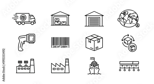A collection of icons representing various aspects of logistics and supply chain management Vector