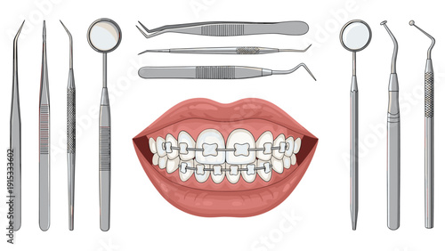 Professional dental instruments arranged around a central illustration of a human mouth with orthodontic braces on white teeth.