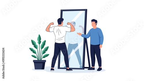 Man flexing his muscles in a full-length mirror while a coach or friend observes his progress in a fitness and bodybuilding context.