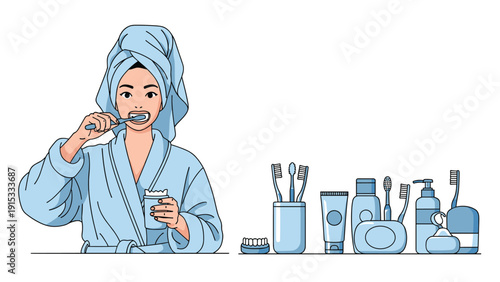 Woman in a blue robe and hair towel brushing her teeth with a set of dental and skincare products displayed alongside her.