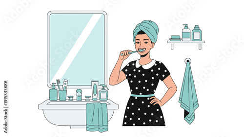 Young woman in a polka dot dress brushing her teeth in a clean bathroom featuring a mirror, sink, and various hygiene products.