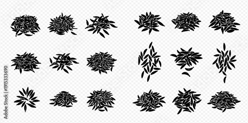 Set of black rice heaps, grains, and piles on a transparent background, perfect for culinary and agricultural designs.