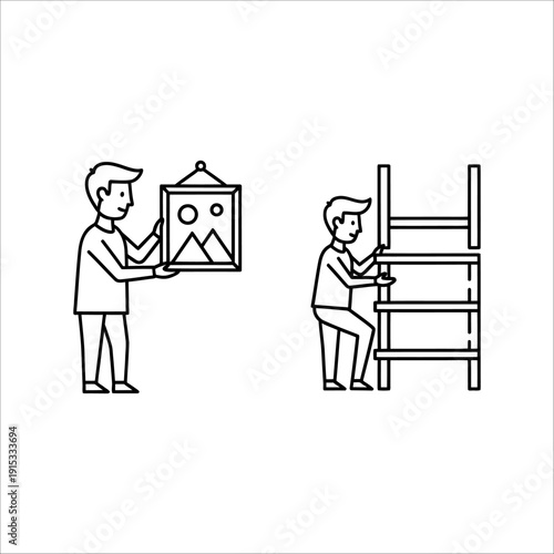 Two men hanging a picture on the wall