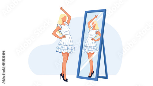 Stylish blonde woman in a white summer dress posing and checking her reflection in a large standing mirror with a blue frame.