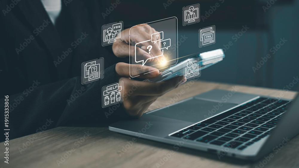 Fototapeta premium Online FAQ and support icons displayed over smartphone and laptop screen, Digital help center, knowledge base access, customer service communication, and interactive guidance platform.