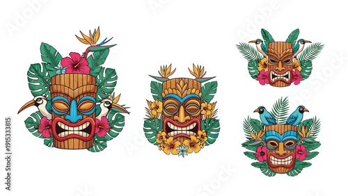 Group of colorful tiki totems and masks decorated with exotic tropical flowers, hibiscus, green leaves, and vibrant island birds.