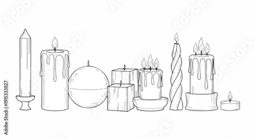 Assorted candles and candle holders displayed in a row Vector