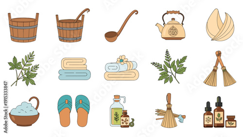 Variety of sauna and wellness items such as wooden pails, towels, herb bundles, oil bottles, and comfortable footwear on white.