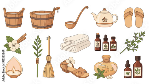 Comprehensive set of traditional sauna and spa accessories including wooden buckets, towels, essential oils, herbs, and sandals.