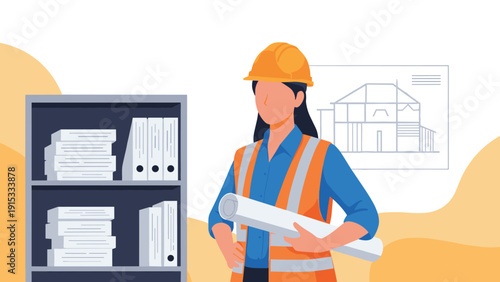 Professional female architect or site engineer wearing a safety helmet and vest while holding blueprints in a modern office.