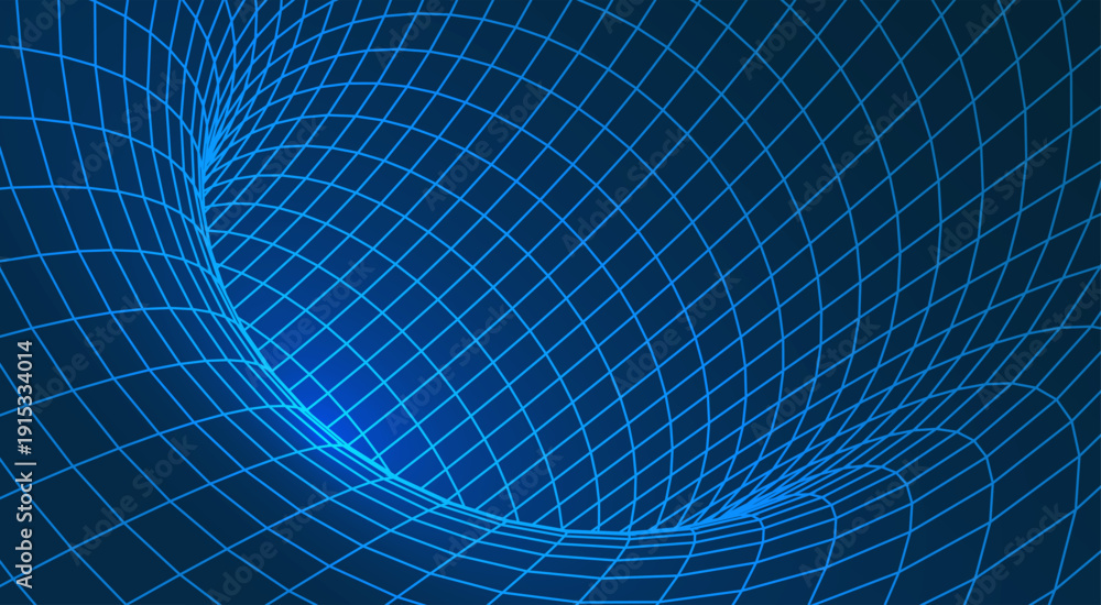 Obraz premium Abstract 3D spacetime grid tunnel representing a black hole singularity in cosmic space with neon blue glowing wireframe mesh lines, science vector illustration.