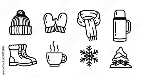 Illustrations of winter items and activities for staying warm and cozy. Vector