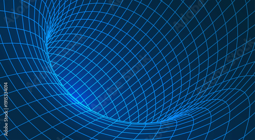 Abstract 3D spacetime grid tunnel representing a black hole singularity in cosmic space with neon blue glowing wireframe mesh lines, science vector illustration.