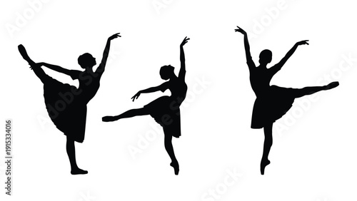 Three dancers in mid-motion performing a ballet routine on stage isolated on white background, Vector