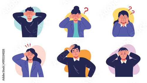 People expressing various states of mental stress, anxiety, worry, and headache by covering their eyes or holding their heads.