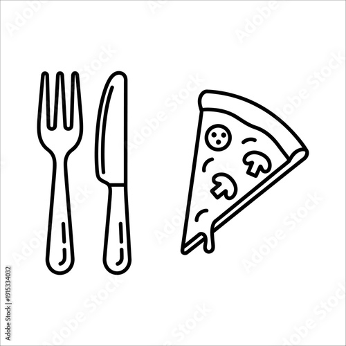 A drawing of a fork, knife and a slice of pizza