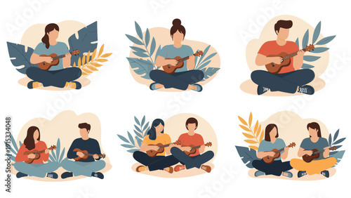Individuals and pairs of people sitting on the ground and playing the ukulele together in a relaxed and musical atmosphere.