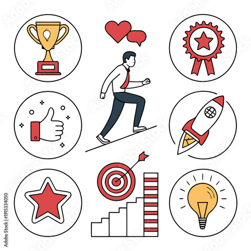 Employee motivation system with man running towards goals and rewards