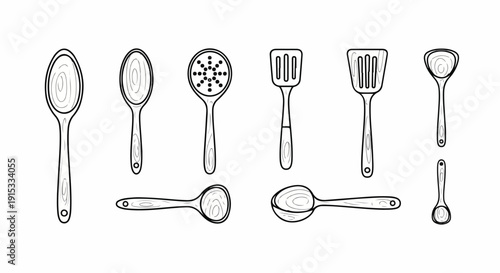 A variety of kitchen utensils including spoons, graters, and whisks. Vector