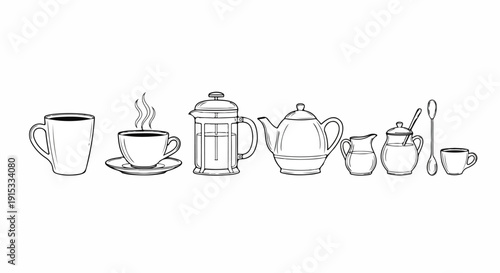 Assorted tea and coffee utensils displayed in a row Vector