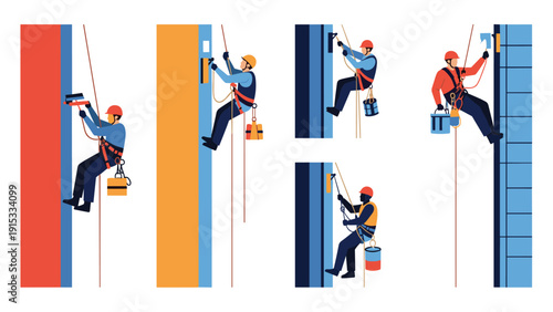 Industrial climbers in safety gear performing maintenance work on various modern skyscraper building facades in the city.