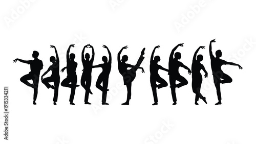 A line of dancers in various poses against a white background isolated on white background, Vector