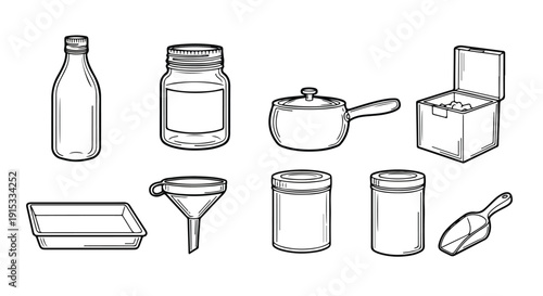 Various kitchen utensils and containers illustrated in a simple line drawing style Vector