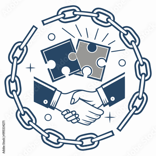 Handshake with puzzle pieces in chain circle partnership business 1