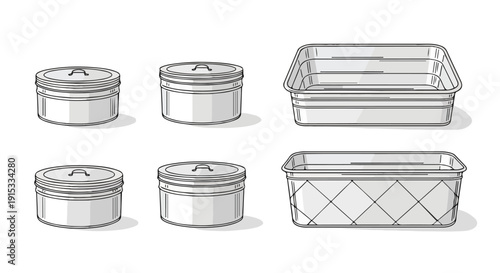 Assorted stainless steel food storage containers with lids Vector