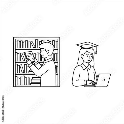 Students using books and a laptop for studying