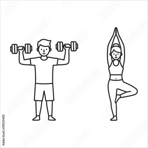 A man lifting weights and a woman doing yoga