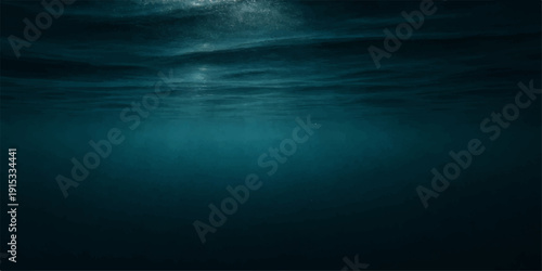 A serene nature landscape features sunlight filtering through deep blue water and waves, merging an underwater scene of bubbles with a vast sky of white clouds over the horizon