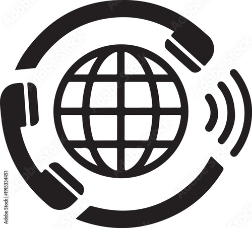 Global telephone communication network with a world map and phone handsets symbolising connectivity