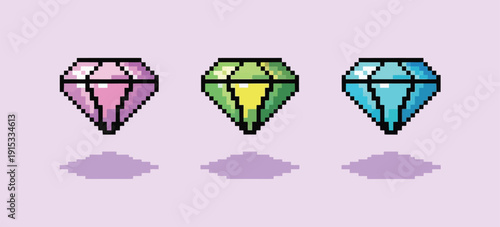 Diamonds Pixel Art Icon Set for Game Design, Retro 8 Bit Gemstone Collection for Arcade Interface, Mobile UI Assets, and Fantasy Treasure Graphics