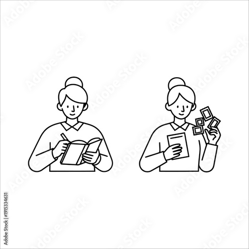 A woman reads a book and another woman holds cash and a card