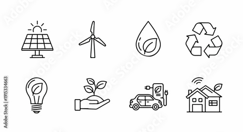 Icons representing sustainable energy and environmental conservation efforts Vector