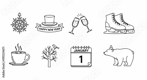 Winter activities and symbols depicted in a simple line drawing style Vector