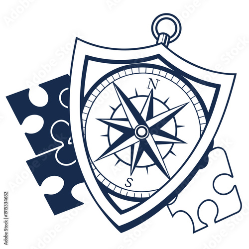 Shield with compass and puzzle pieces on white background navigation direction