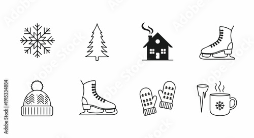 Winter activities and items illustrated in a simple and charming line art style Vector