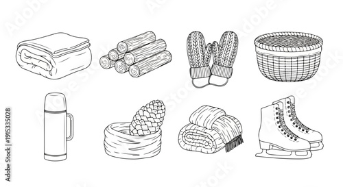 Collection of winter gear including boots, gloves, and a thermos. Vector