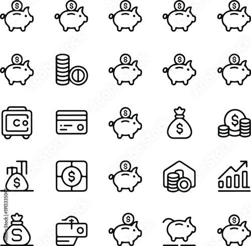 social network icon set. Set of 30 outline icons related to piggy bank. 
