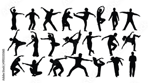 Silhouettes of people performing various activities and exercises in action isolated on white background, Vector