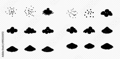 Set of black sand piles and dust particles representing various textures and forms.